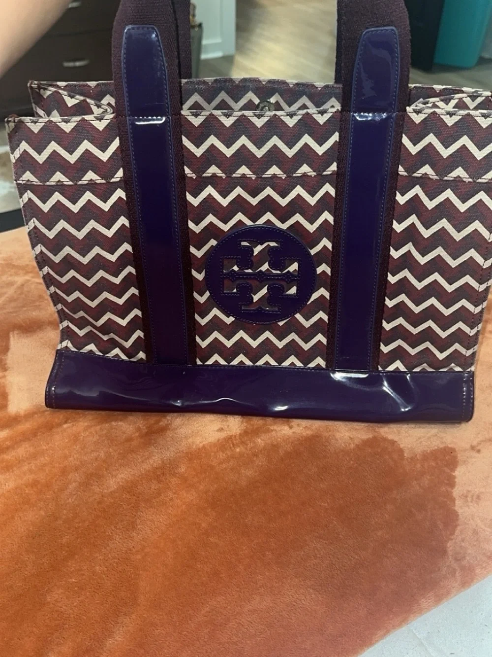 Tory Burch Purple Chevron Canvas Tote with Patent Trim